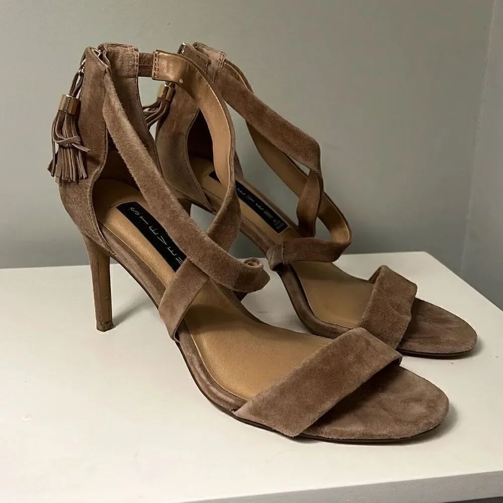 Steve Madden Women's Taupe Suede Strappy Stiletto High Heel Sandals Size 8.5M